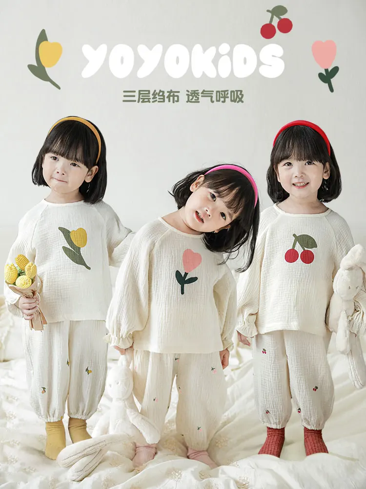 

Girls' Autumn Home Clothes Set Cute Printing Soft Crepe Baby Children Loose Skin-Friendly Pajamas