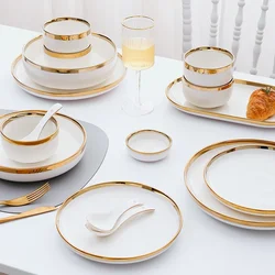 Gold Edging White Porcelain Plates Food Dinner Set Dishes Salad Soup Bowl Ceramic Plates Bowls Luxurious Tableware Set