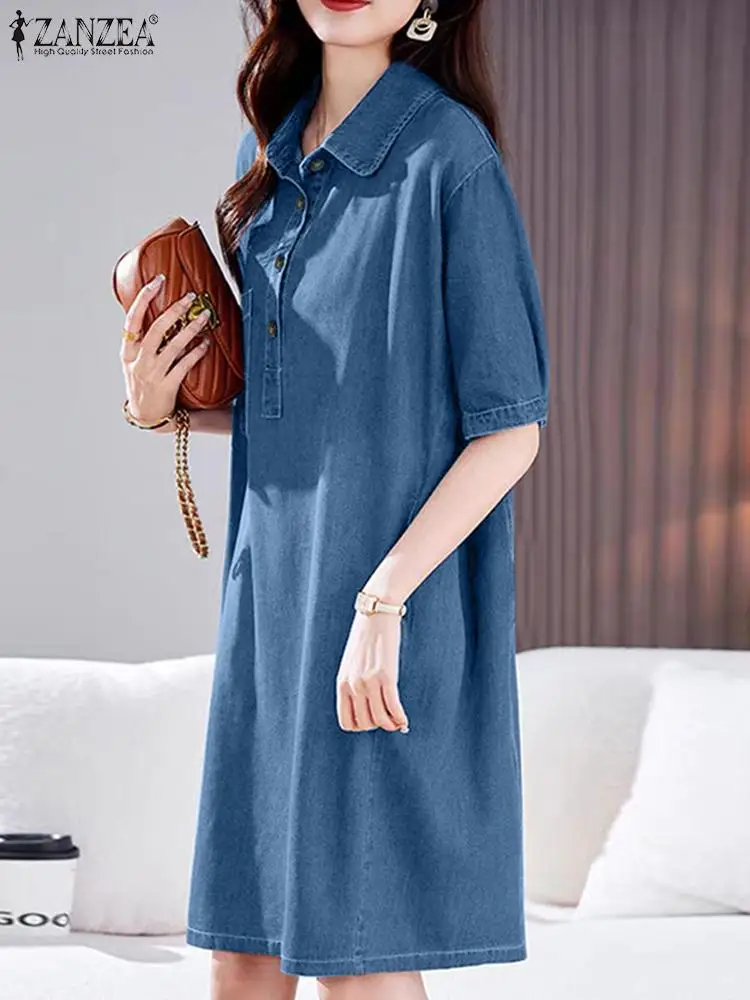 ZANZEA-Robe Chemise en Denim Bleu pour Femme, Mini Robe Vintage à la Mode, Manches Courtes, Poches, Robe Décontractée, Col à Revers, Été 2024