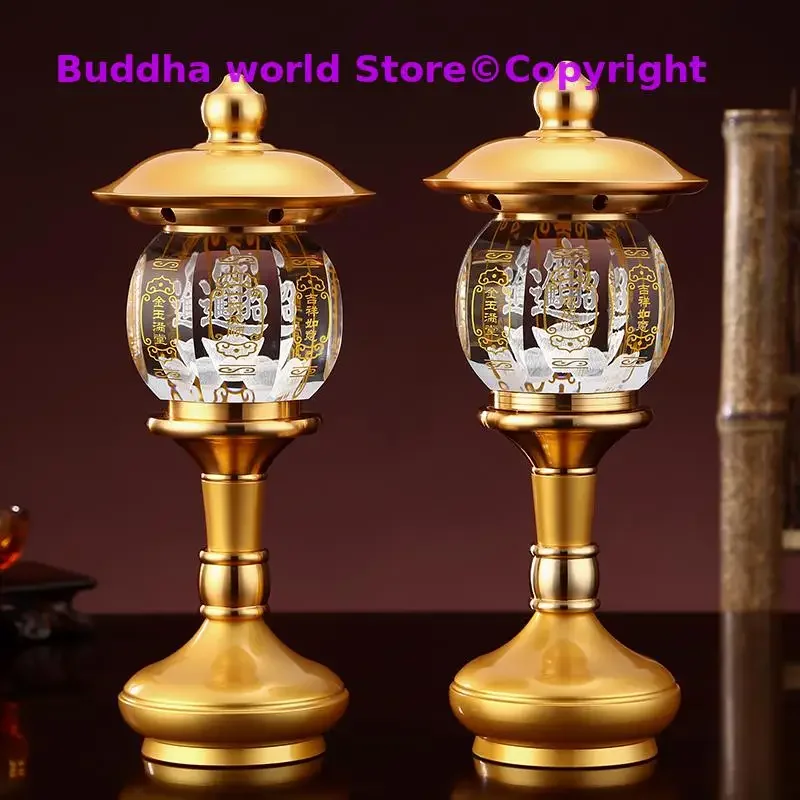 A PAIR high grade Buddhism HOME Temple shrine enshrine worship good luck God of wealth CAI SHEN crystal buddha lamp 28CM large