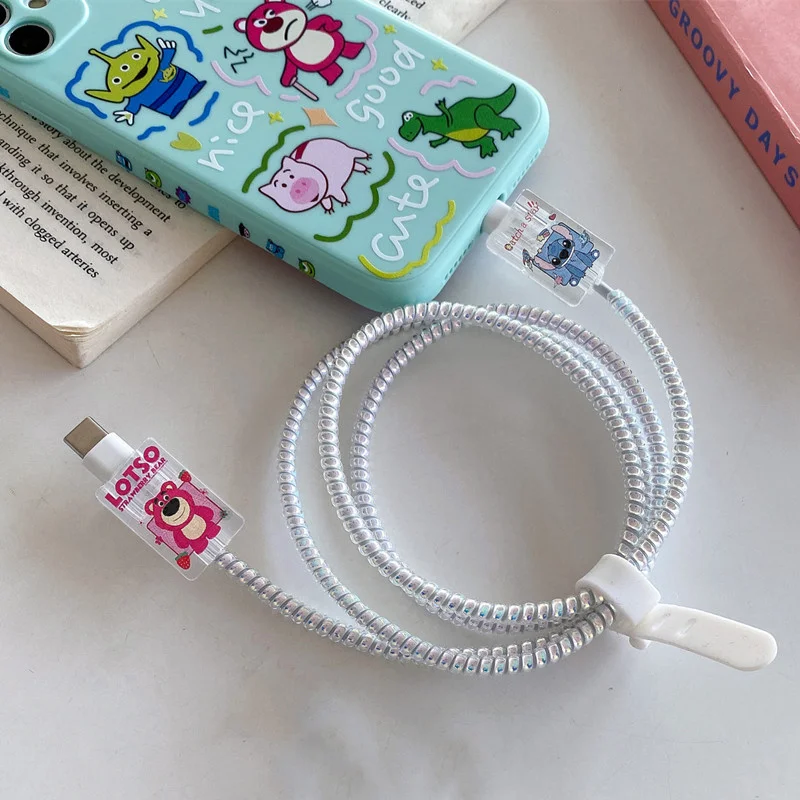 Disney Anime Stitch Cell Phone Data Cable Protective Sleeve Mickey Minnie Lotso Charging Head Cartoon Kawaii Toys Gifts
