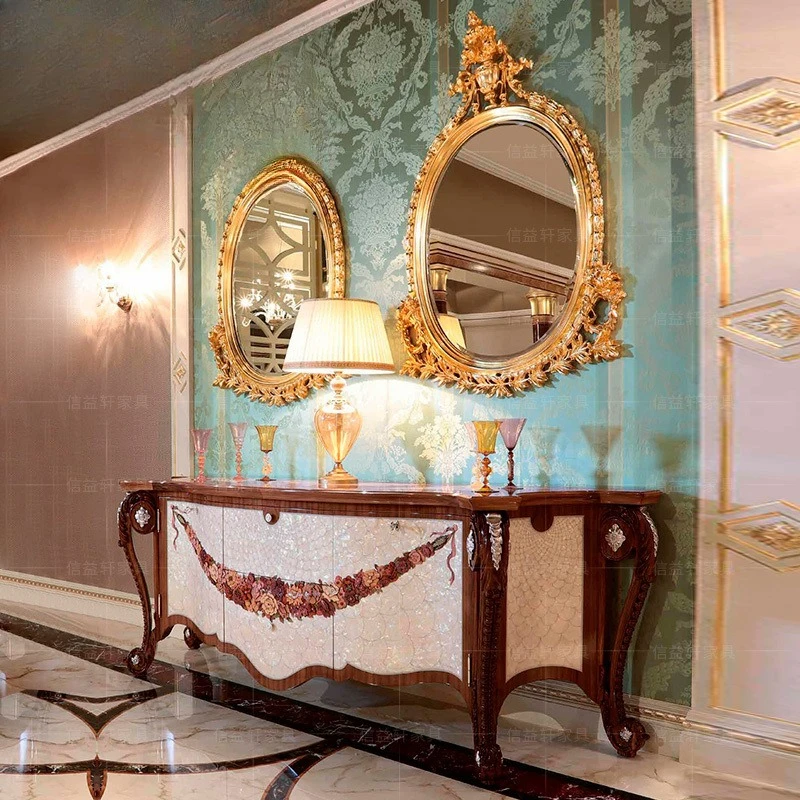 

European Luxury Carved Dining Side Cabinet French Gold Foil Carved Cabinet Villa Shell Storage Decorative Cabinet
