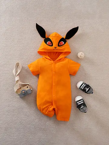 Summer Boys and Girls Cute Anime Fox Hat Cotton Comfortable Casual Short Sleeve Baby Bodysuit