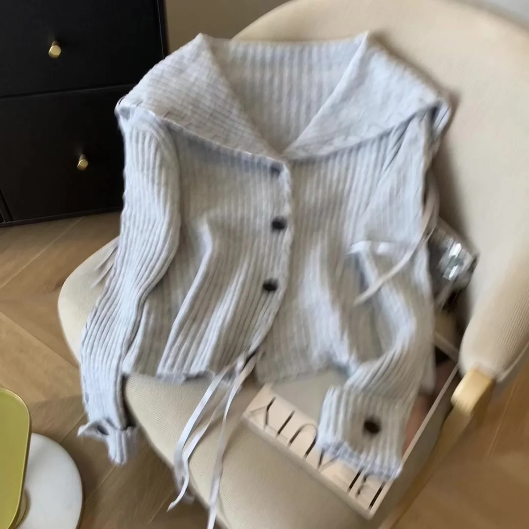 

Women's Light Grey Cardigan Sweater Harajuku Vintage 2000s Y2k Sailor Collar Long Sleeve Oversize Luxury Cashmere Sweater Autumn