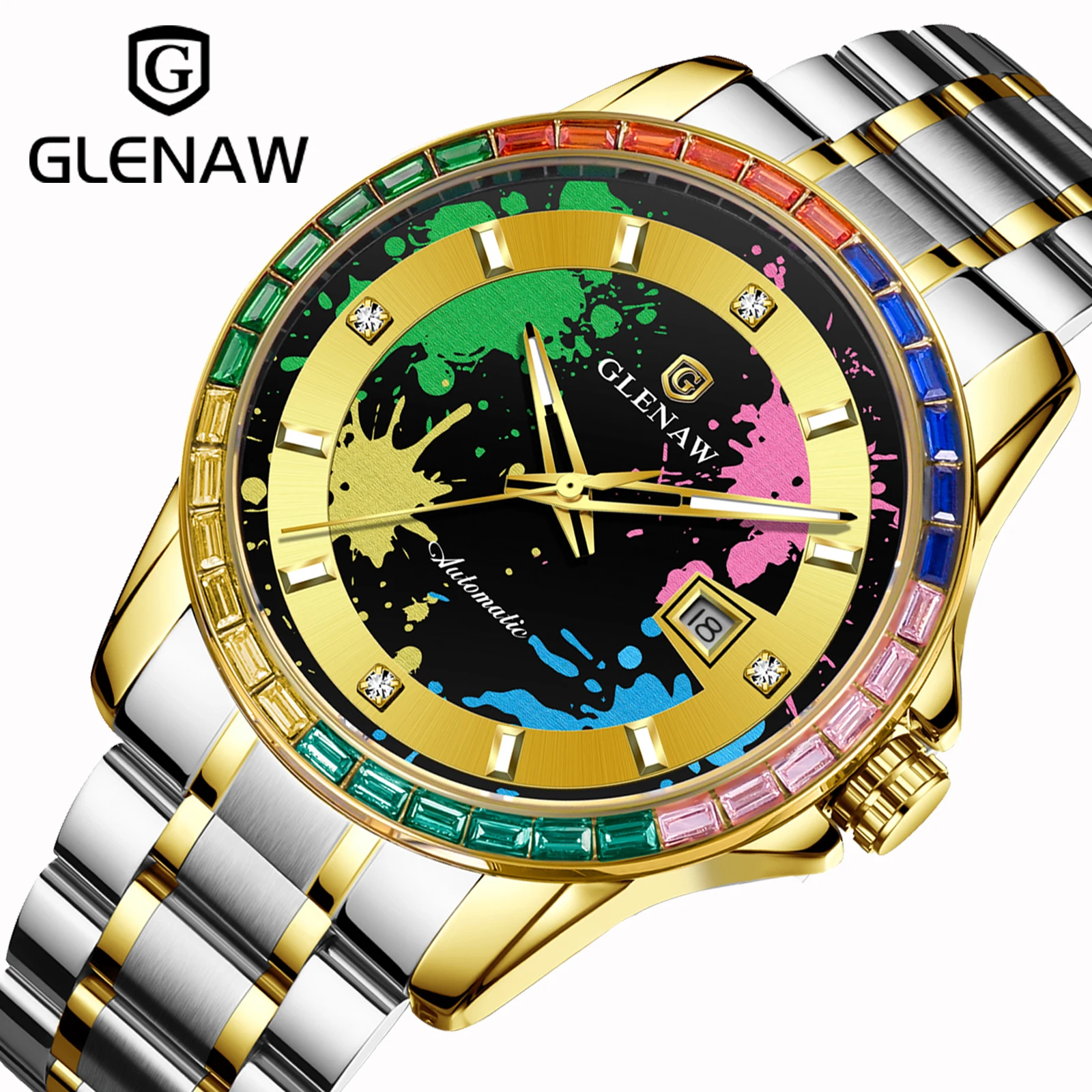 

GLENAW 2025 дизайн, новые механические часы с радужным кругом, мужские роскошные циферблаты с граффити, ночник, календарь, водонепроницаемые механические часы
