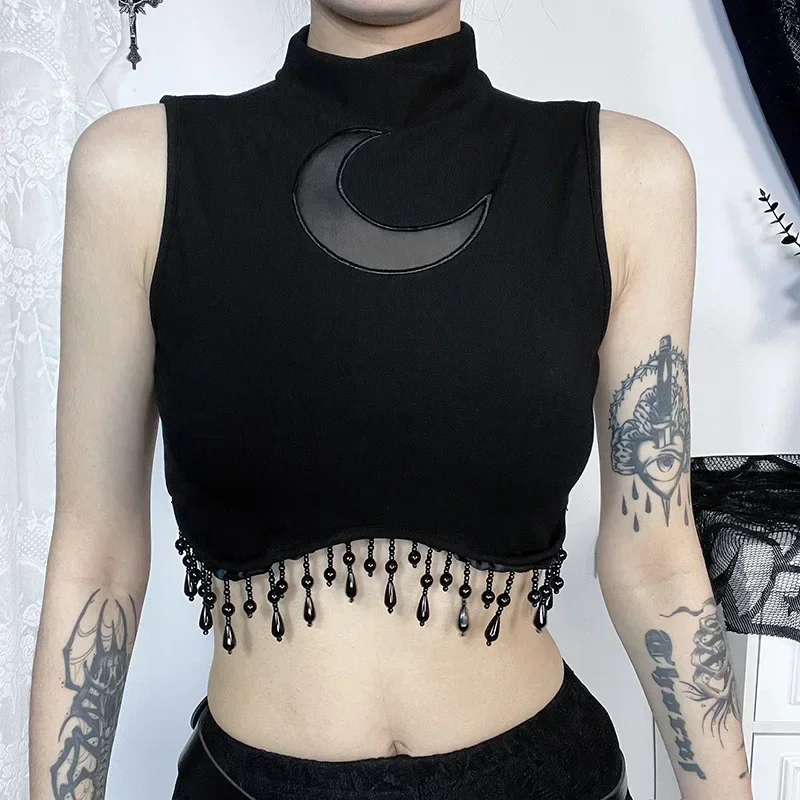 2024 Ins Hot Cool Gothic Style Moon Chain Small High Neck Sleeveless Clothes Women Tops for  Halloween Dress