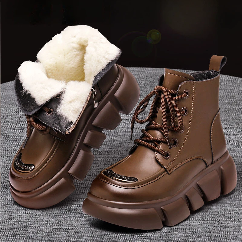 Women Retro Chunky Platform Ankle Boots Winter Lace Up Leather Warm Cotton Boots Woman Thick Soles Non-slip Short Botas Mujer