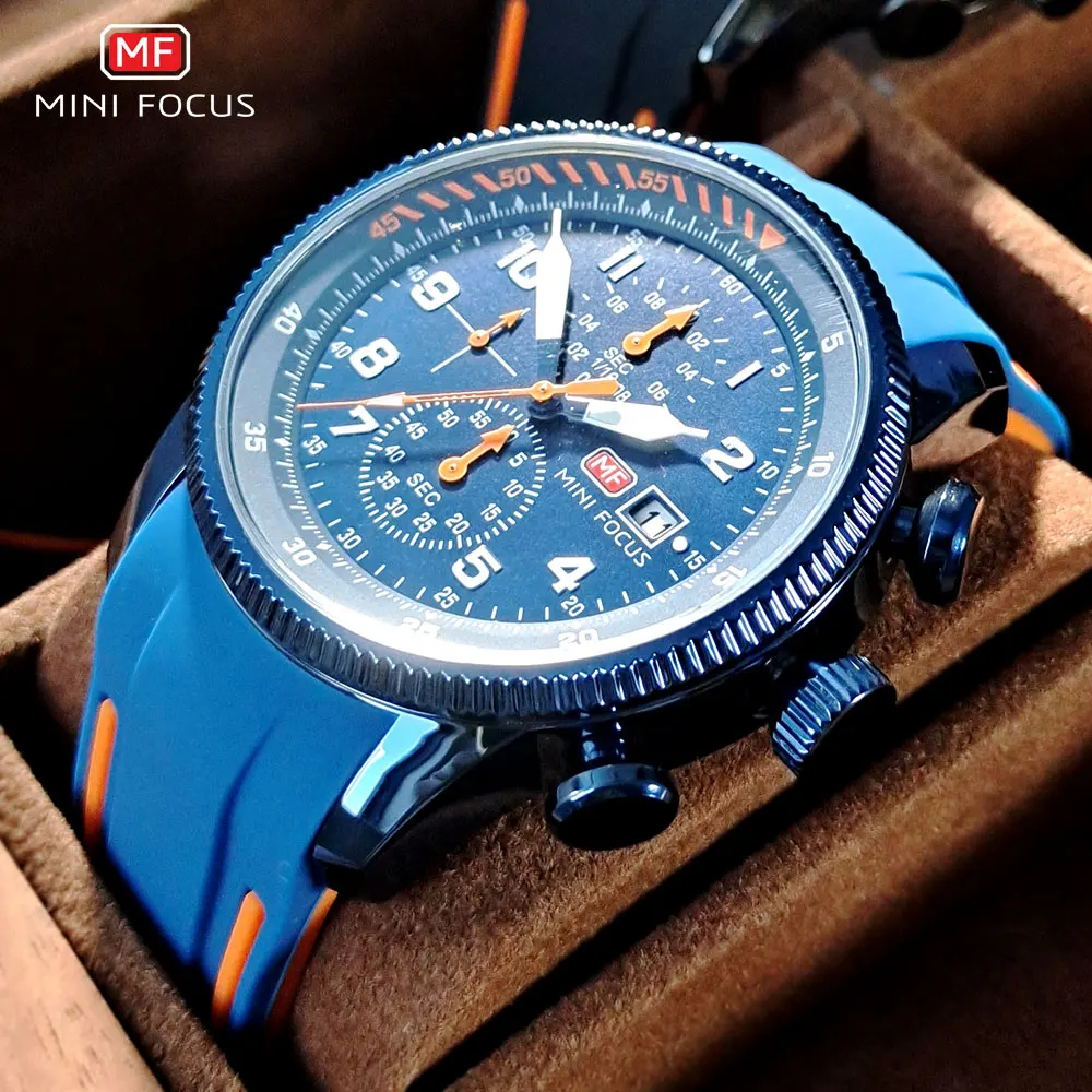 MINI FOCUS NEW Military Sport Quartz Watch for Men Blue Silicone Strap Chronograph Luminous Wristwatch with Date Waterproof 0379