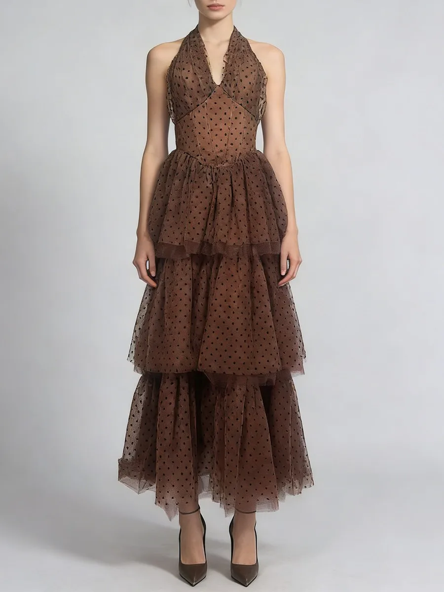 

Polka Dot Mesh Patchwork Pleated Dresses for Women Summer Halter Sleeveless Tiered Cake Robes Elegant Party Long Dress Gown 2026