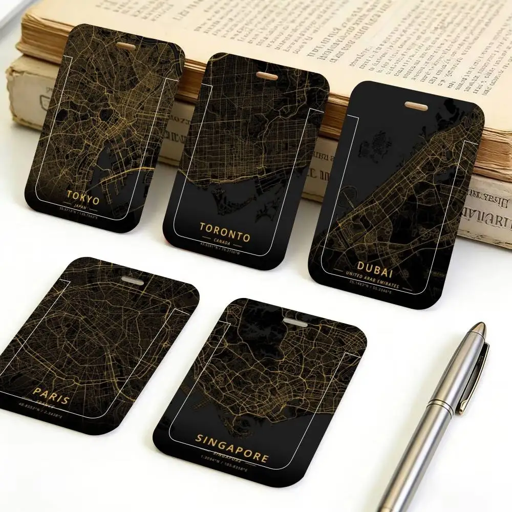 World City Map New York Tokyo ID Card Holder Lanyard Covers Women Men Work Permit Holder Students Kids Bus Cards Case