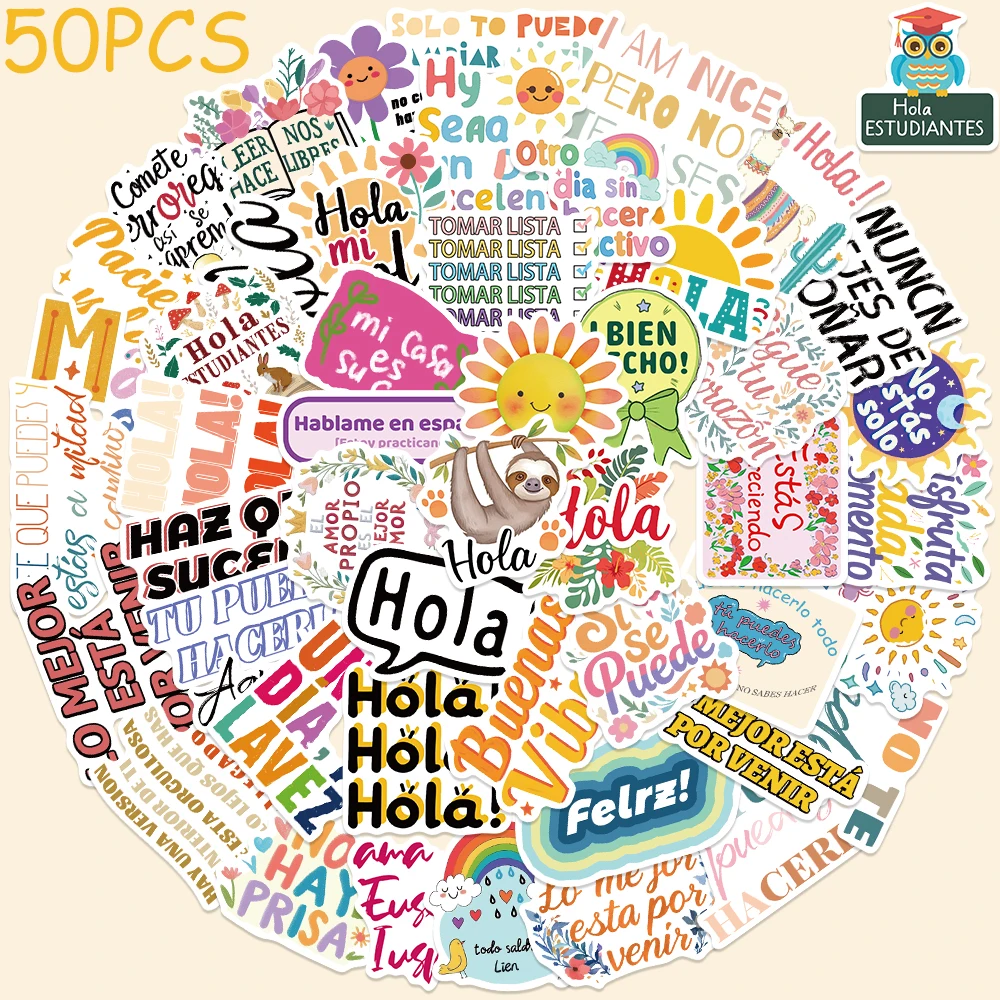 

50pcs Cartoon Spanish Motivational Stickers Decals For Laptop Skateboard Scrapbook Helmet Guitar Aesthetic Waterproof Stickers