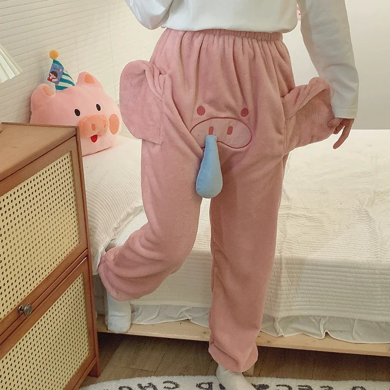 Elephant Pajamas Flannel Sleepwear Pants With Big Nose And Ears Cute Animal Coral velvet Trousers Couple Homewear For Winter new