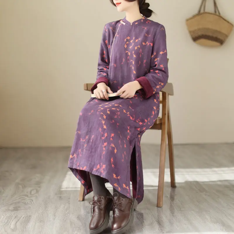 

2022 Winter Chinese Style Plush Clothing Women Large Size Loose Thickened Modified Cheongsam Retro Printed Fleece Dress T1364