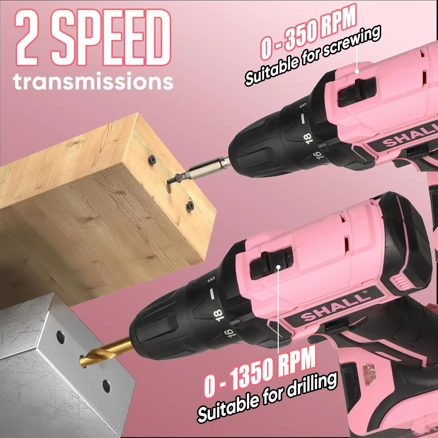 247Pcs 20V Cordless Drill Driver & Household Tool Kit for Women, Pink Electric Power Drill Screwdriver and Home Hand Tool