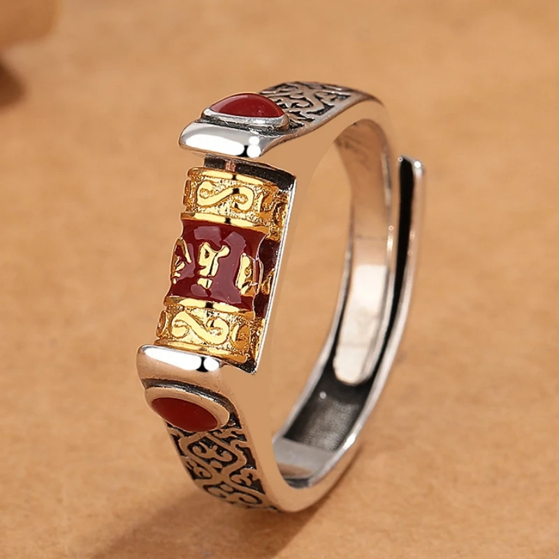 Color Enamel the Six Character Great Bright Mantra Ring For Men Jewelry Vintage Heart Sutra Rotating Ring S925 Male Accessories