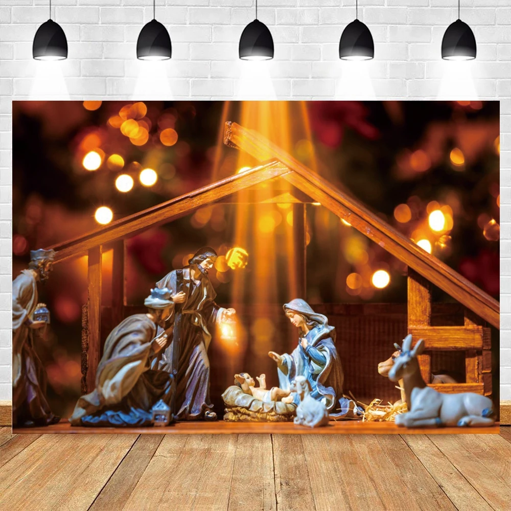 Western Farm Barn Nativity Backdrop Shiny Star Birth of Christ Jesus Xmas Party Decoration Kids Newborn Photoshoot Backgrounds