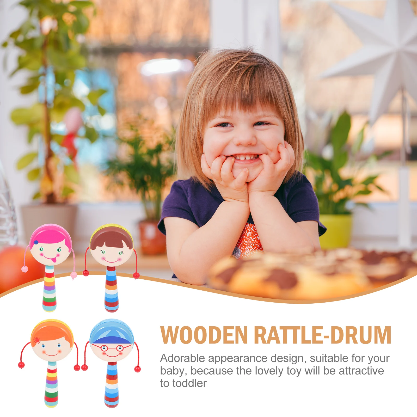 

4 Pcs Wooden Drum Children Cartoon Hand -drum Adorable Baby Plaything