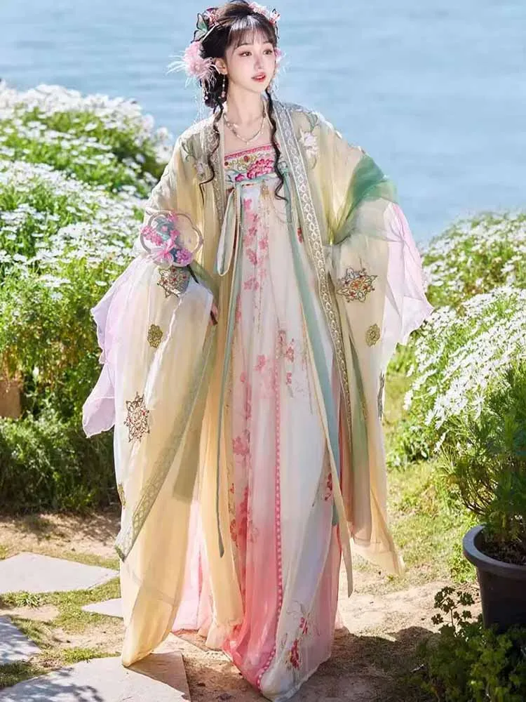 중국어 Hanfu 드레스 여성 핑크 수 놓은 그라데이션 Hanfu 할로윈 카니발 요정 코스프레 의상 생일 파티 Hanfu 드레스