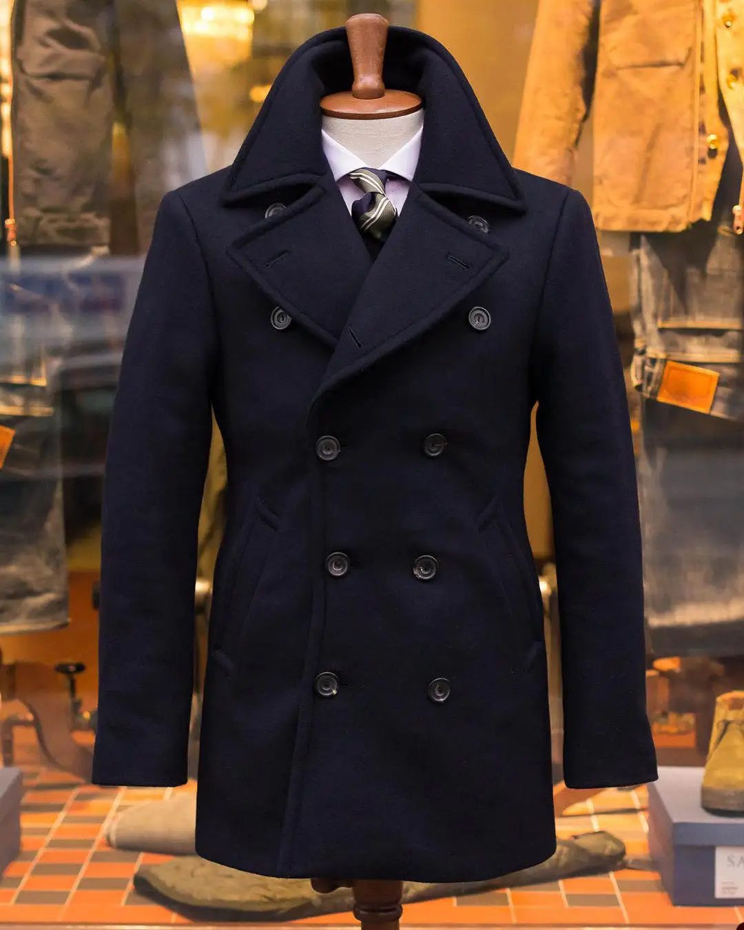 معطف صوفي أزرق كحلي للرجال قصير مزدوج الصدر مصنوع حسب الطلب سترة تويد شتوية معطف قطعة واحدة #3