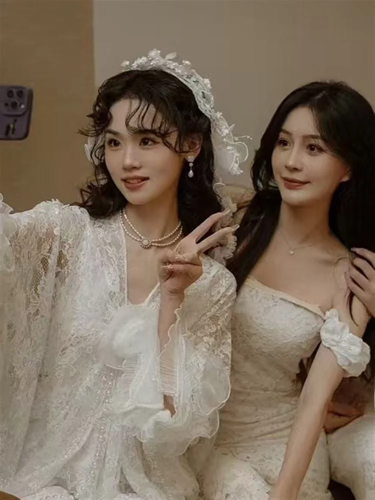 

New 2024 Original Vintage White Lace Bridal Dr Women's Outing Wedding Gown Morning Robe Exit Veil Studio Photoaphy