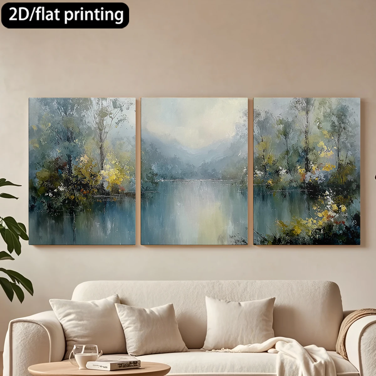 

2D плоская печать, 3-х частная декоративная картина на холсте в деревянной раме: пейзаж с озером, деревья, цветы. Декор для коридора и спальни.