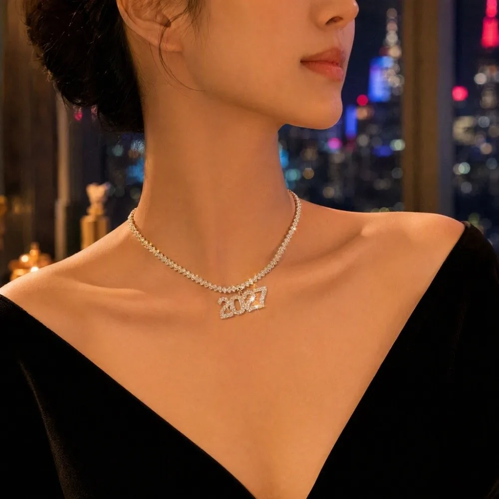 Elegant 2027 Digital Necklace Number Pendant Rhinestone Happy New Year Necklace Shiny Luxurious Collarbone Chain Choker