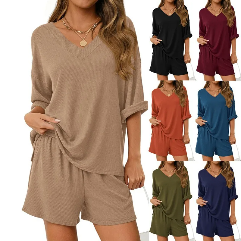 Ensemble de plage uni été 2026 pour femme – Style décontracté ample pour la maison et l'extérieur – T-shirt à manches courtes et short