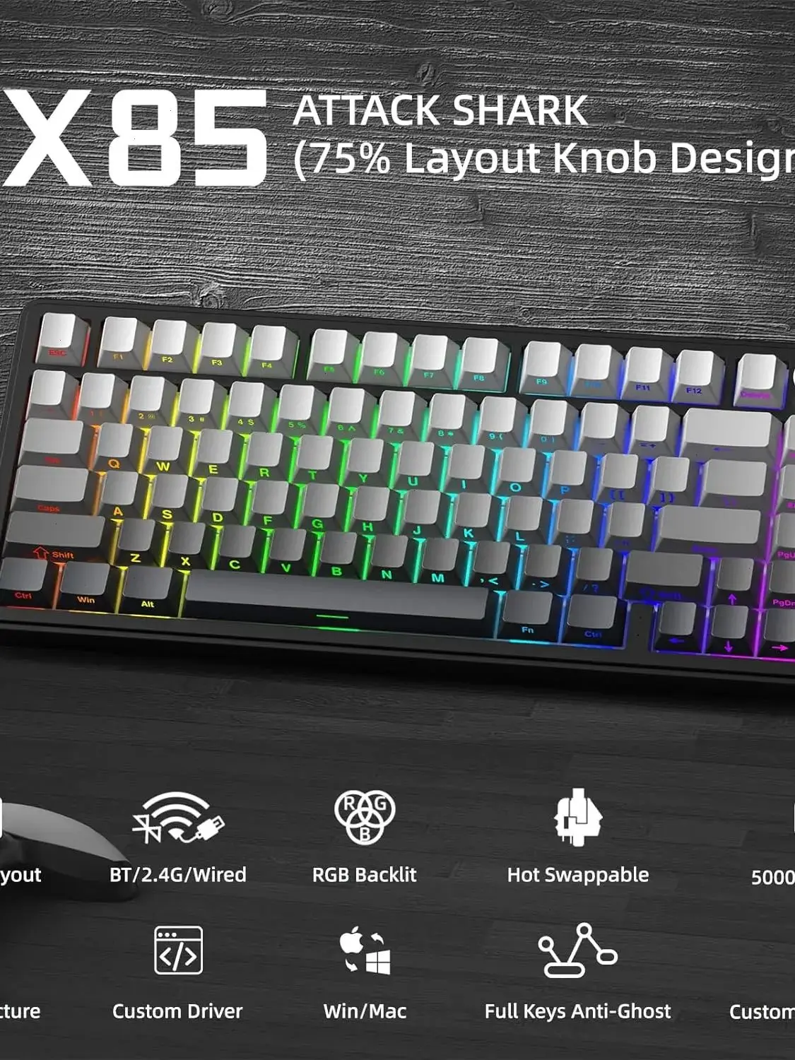 ATTACK SHARK X85 Tri-Mode-Dichtung 75 % mechanische Tastatur mit CNC-Knopf, 5-lagiger Polsterung, Hot-Swap-fähig, RGB-Hintergrundbeleuchtung, NKRO