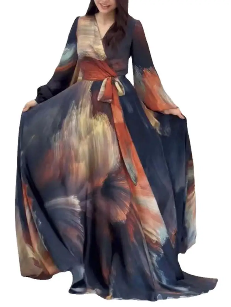 2025 الخريف والشتاء موضة جديدة المرأة مزاجه الشرق الأوسط مثير الطباعة البندول الكبير الخامس الرقبة فستان بأكمام طويلة