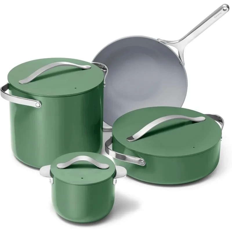 Caraway Cookware+ Collection - Specialty Cookware Set - Petite Cooker, Stir Fry Pan, Rondeau, & Stock Pot - 3 Lids & Storage