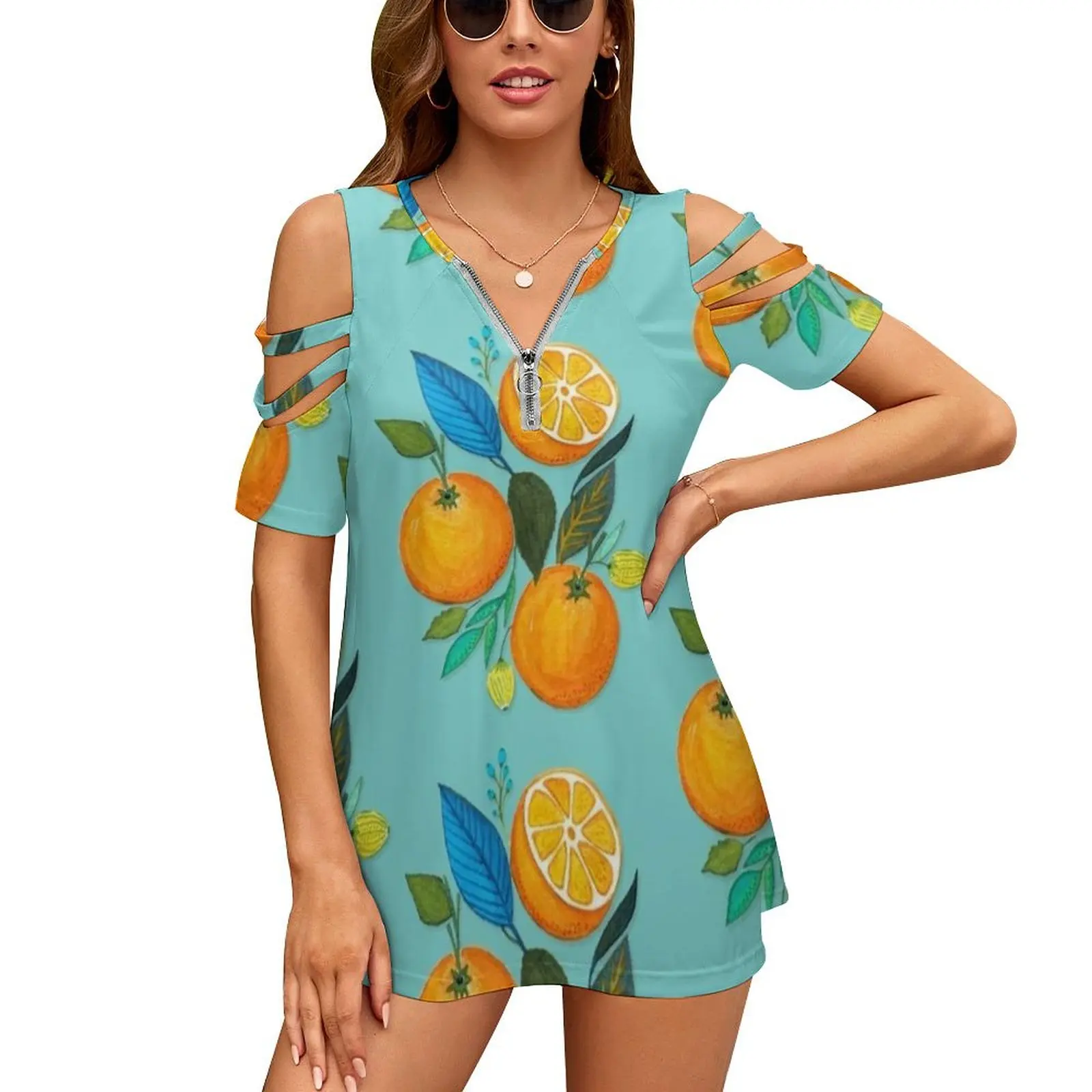 Lady Orange New Fashion Zip Off Shoulder Top Short-Sleeve Women Shirt Vitamin Fruit Citrus Disc Eat Fresh Orange Delicious