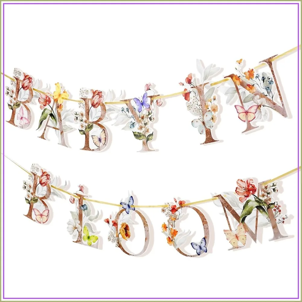 

Boho Floral Baby Shower Banner, Wildflower Butterfly Garland Decor, Welcome Baby Party Sign