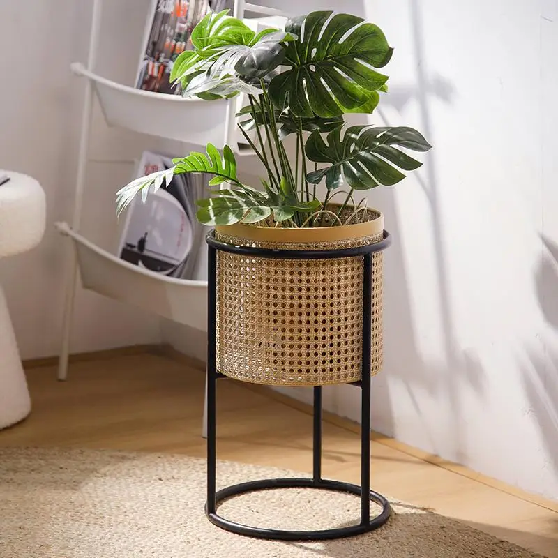 Imitation rattan woven flower rack, modern light luxury living room balcony indoor wrought iron floor-to-ceiling moving