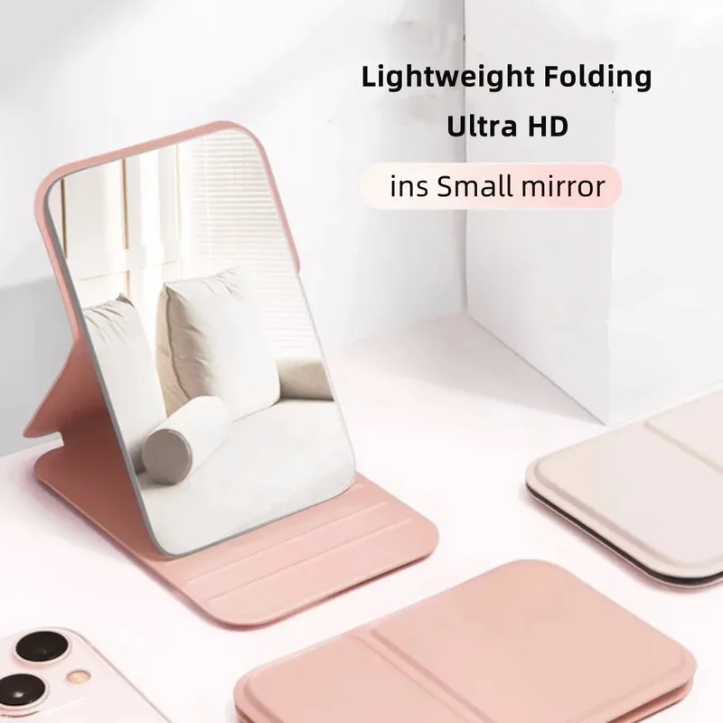 Simple Portable Handheld Foldable Mirror - Solid Color PU Leather Desktop Makeup Mirror & Student Compact Cute Pocket Mirror
