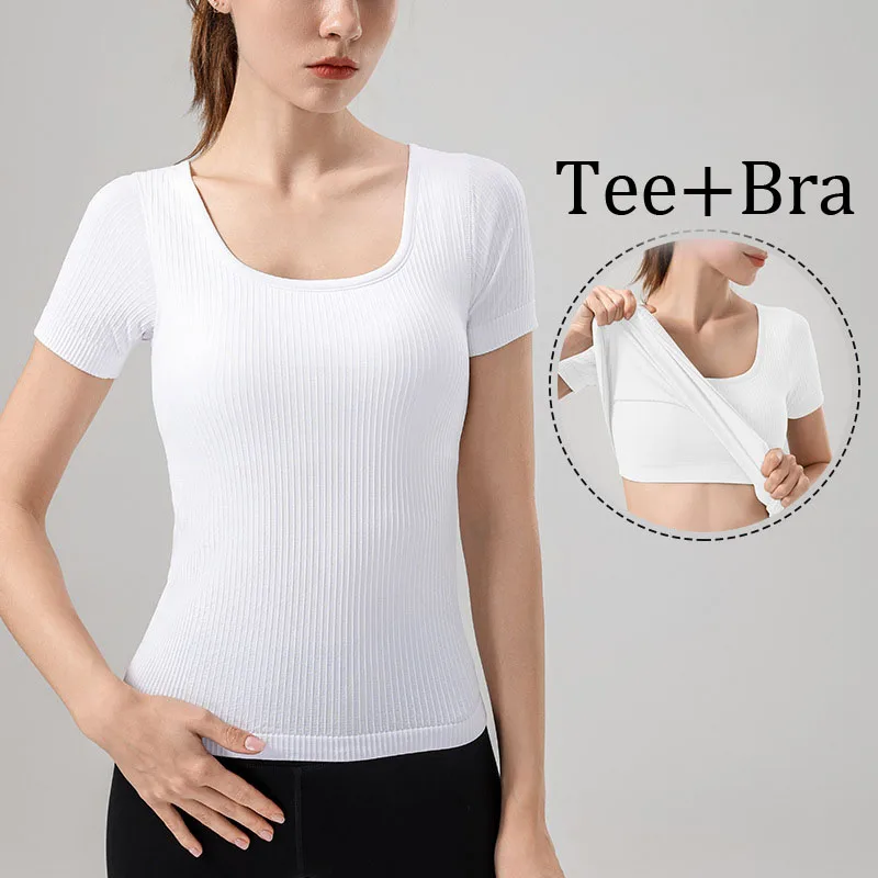 

Women T Shirt T Shirts with Bra Female Slim Fit Yoga Gym T-shirt Short Sleeve Hot Sexy Tops Summer Ladies Skinny Tees T05