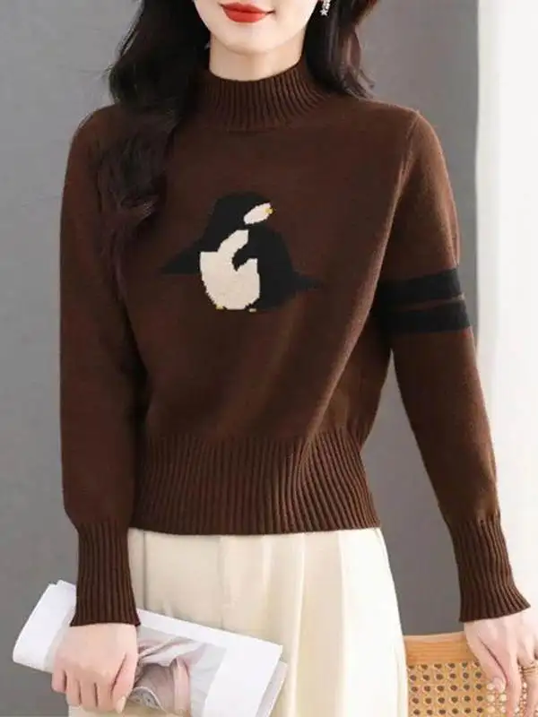 Loose Fit Knitted Sweater Women's Autumn Winter Fashion Thickened Half High Collar Lazy Style Top Quality Polyester Long Sleeve