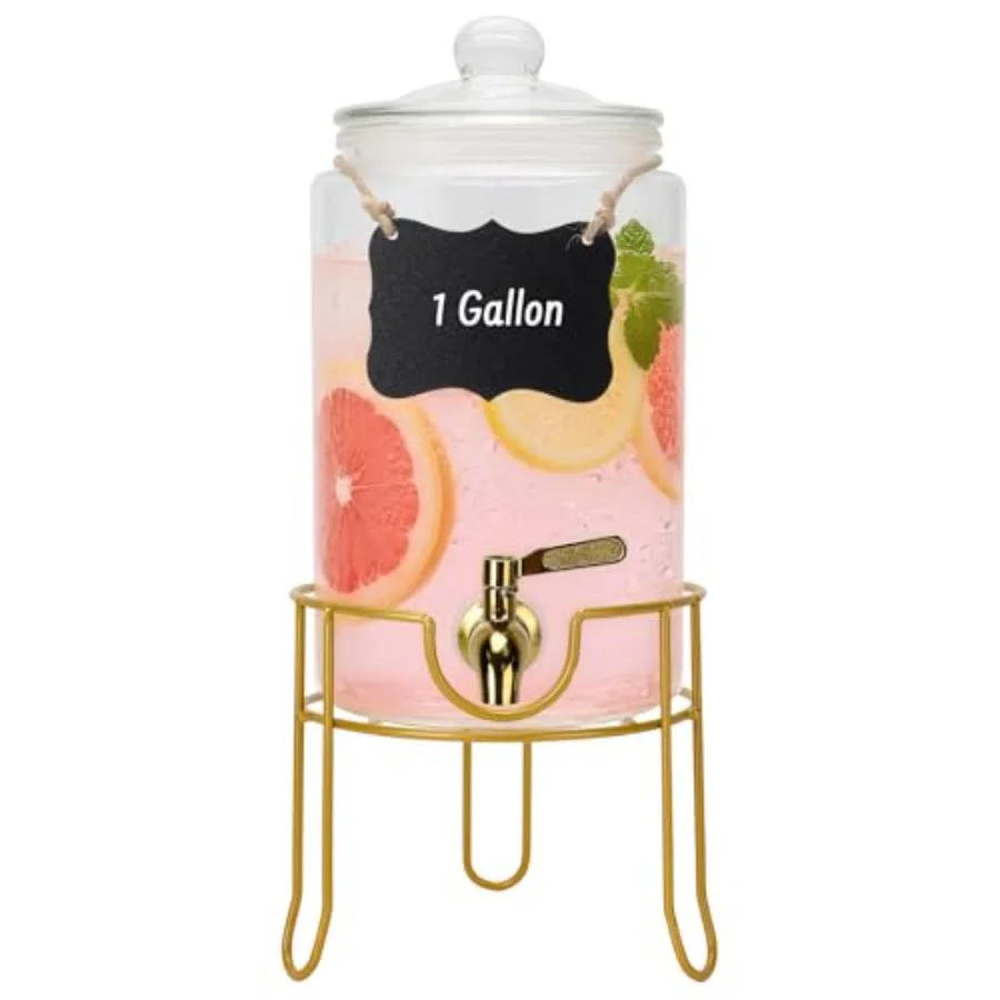 

Стеклянные диспенсеры для напитков для вечеринок с герметичными стеклянными крышками, золотой металлической подставкой и краном из нержавеющей стали. Лем