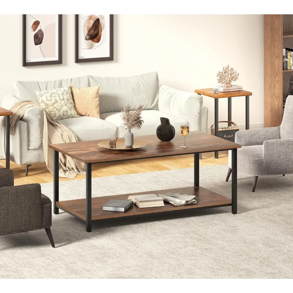 2-Tier Coffee Table with Storage Shelf for Living Spaces, Brown Rectangle Wood and Sturdy Metal Side End Table