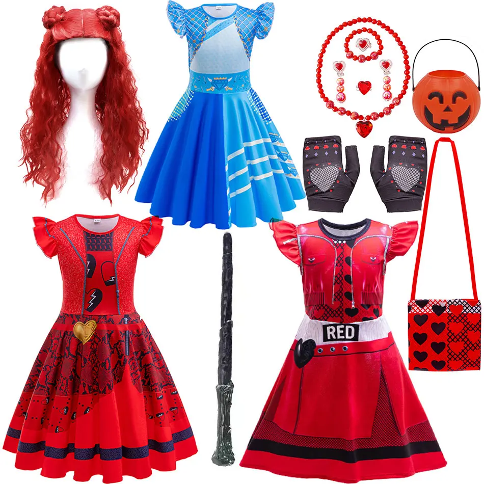 Disney filme descendentes a ascensão do traje vermelho bebê menina cosplay roupas anime vermelho uliana roupas festa de halloween vestido rainha