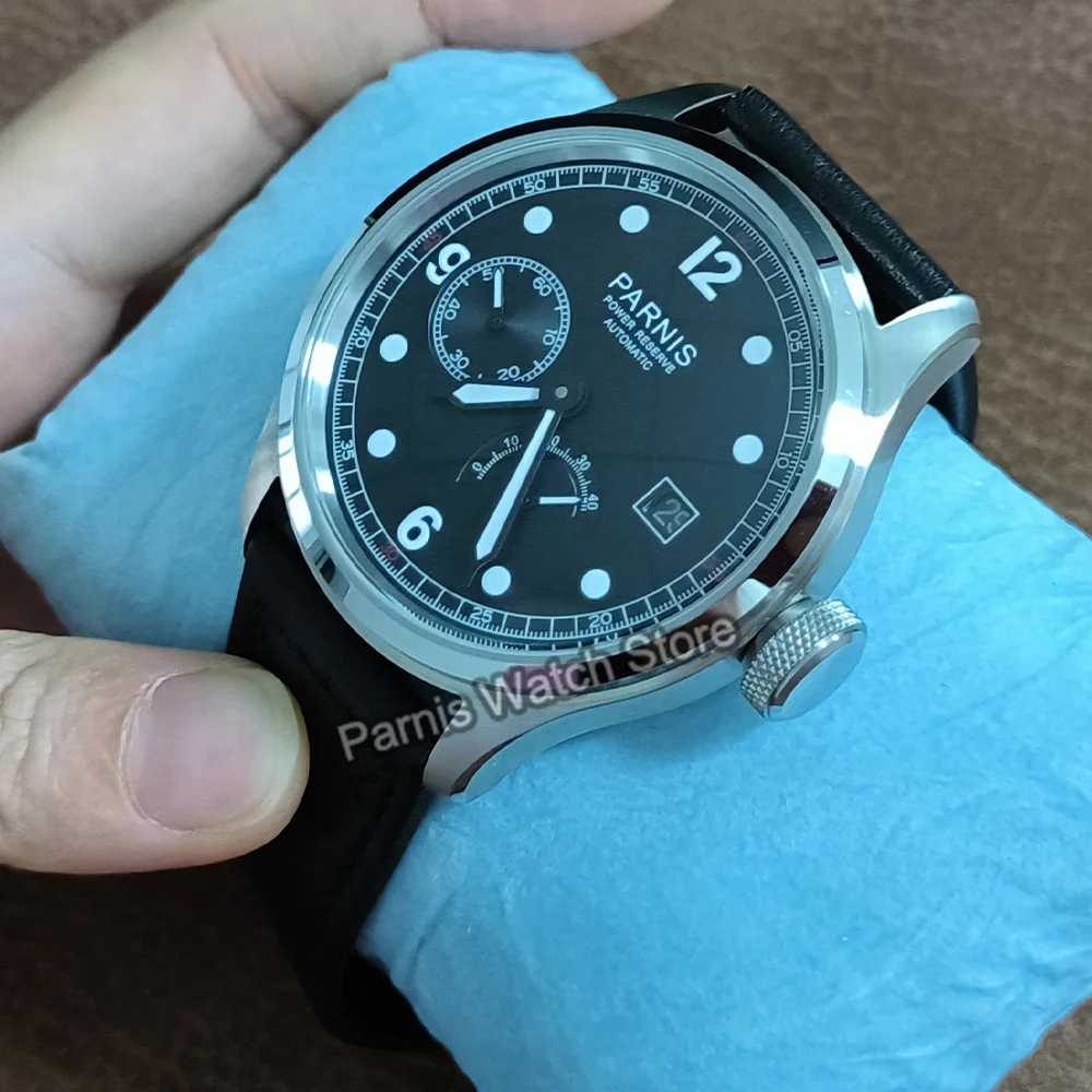 Parnis 46.5mm Black Luminous Dial Automatic Men Watch Silver Case Power Reserve Calendar Mechanical Men's Watches