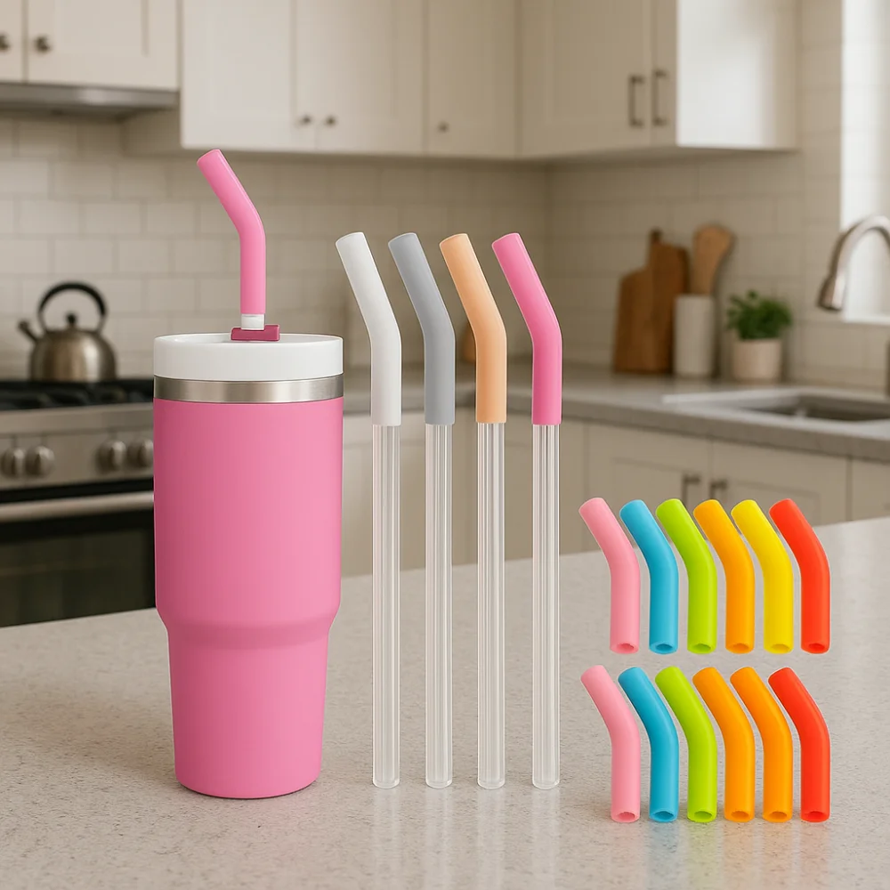12 Accesorios para Vasos: Tapas de Silicona Reutilizables para Pajitas Metálicas de 8MM, Cubiertas Curvas para Pajitas