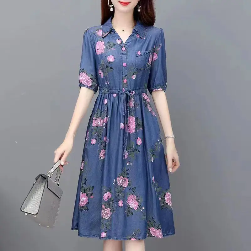 2024Summer Print Denim Dress Women\'s V Neck Short Sleeve Pocket Casual A Line Denim Dresses Street Bomber Jeans Vestidos Female