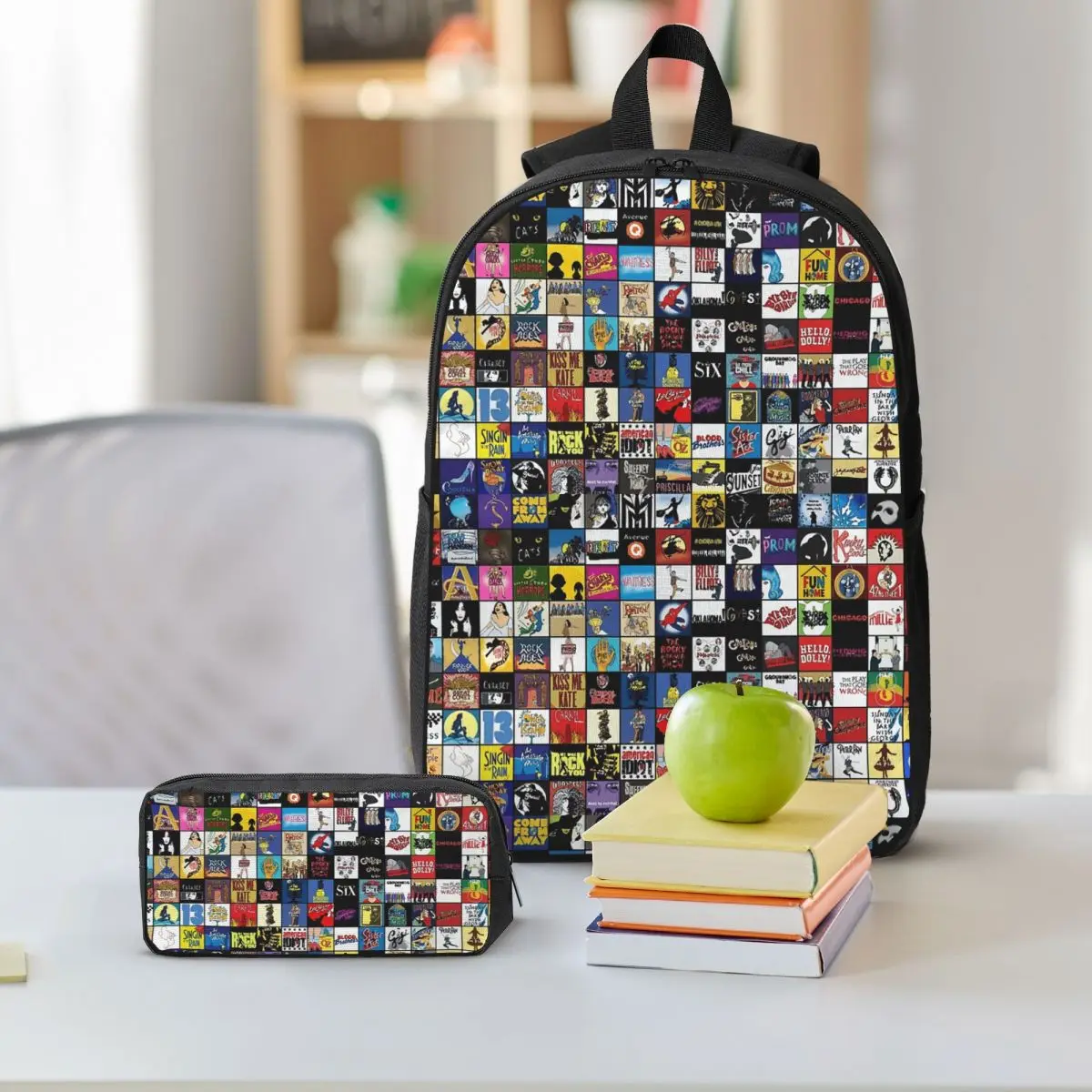 Broadway Musical Theatre Logos Hand Drawn Backpack Student Boys Girls BookBag School Bag 3ps Insulated Lunch Bag Pencil Case