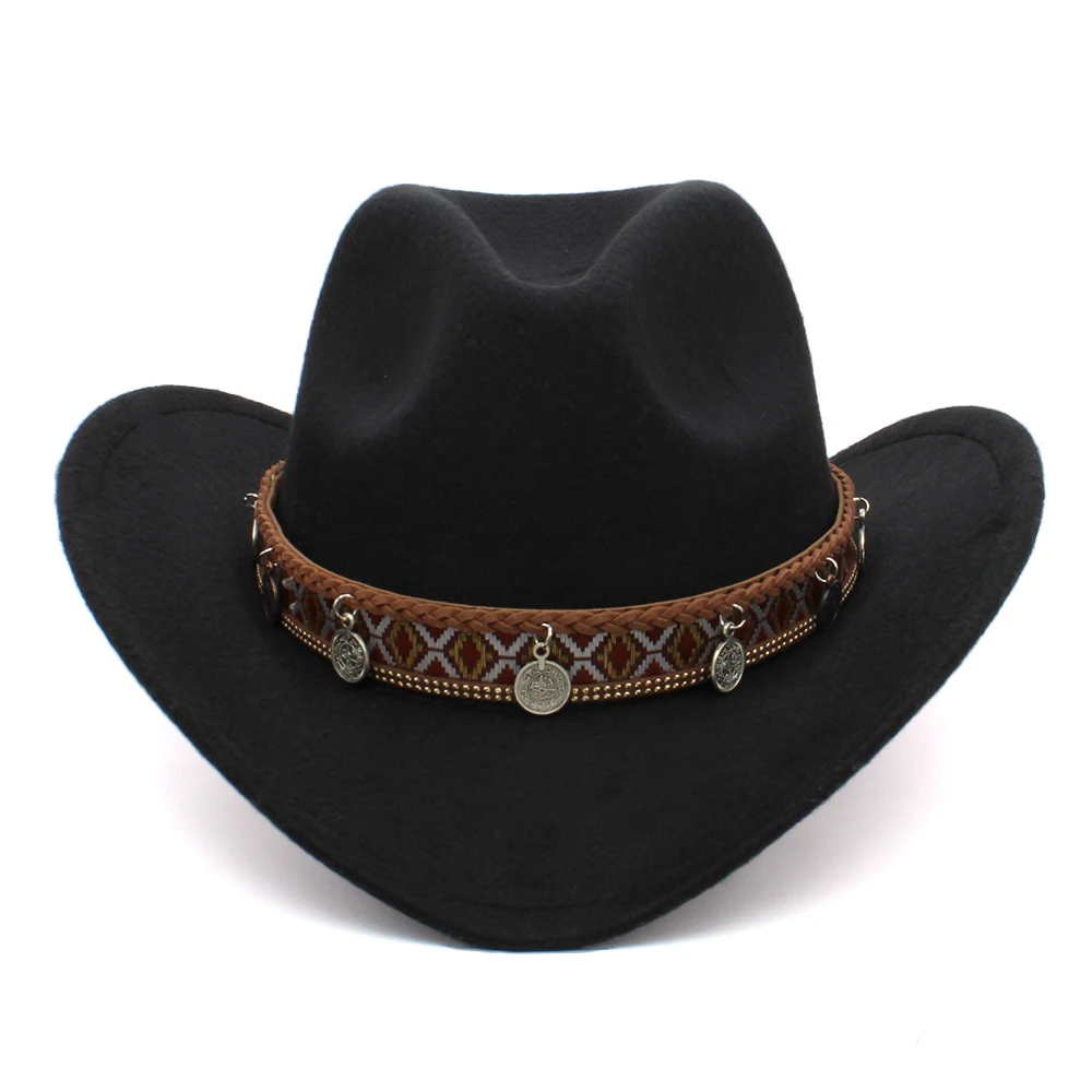 Retro Women Men /Kid Child Wool Wide Brim Cowboy Western Hat Cowgirl Bowler Cap Totems Pattern Leather Band (54-57-61cm)