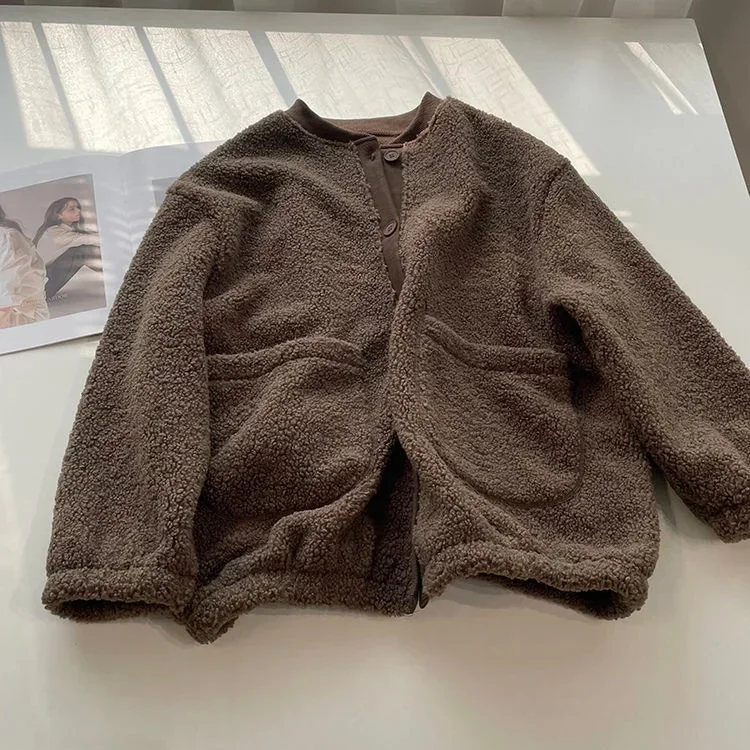 Pele de cordeiro aparada de lã espessada estilo beisebol suéter casaco para mulheres outono inverno estudante cor pura botão cardigan com capuz