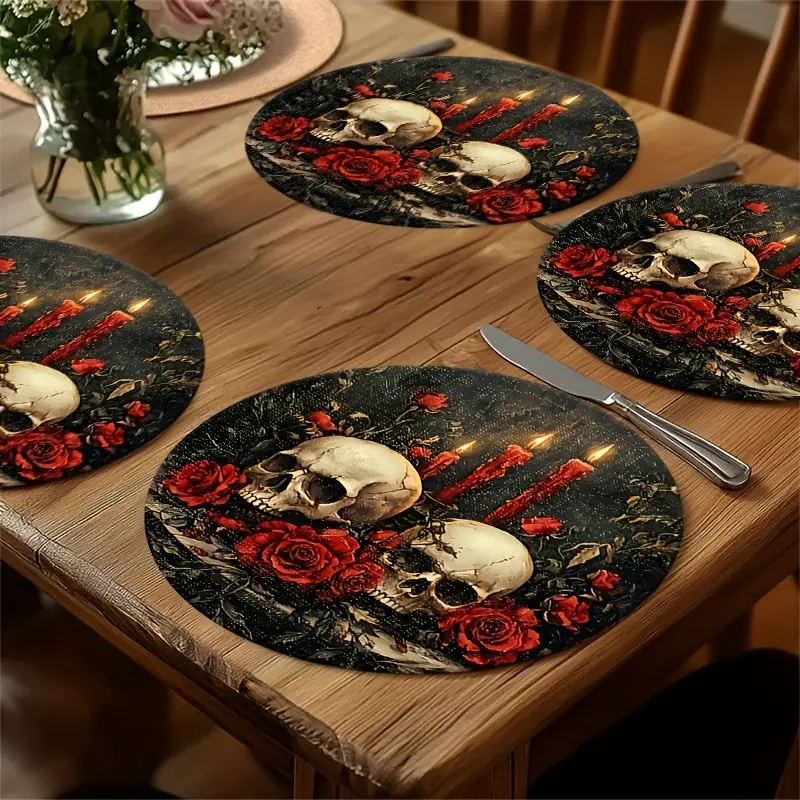VIKAMA Dark Oil Painting Skull Red Rose Candle Meal Mat Thermal Insulation Fabric Table Mat Gothic Halloween Table Decoration
