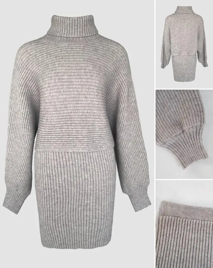 

Women's High Neck Batwing Sleeve Sweater&Casual Slim Skirt Set Autumn and Winter New Fashion Two Piece Outfit Woman Skirts Sets