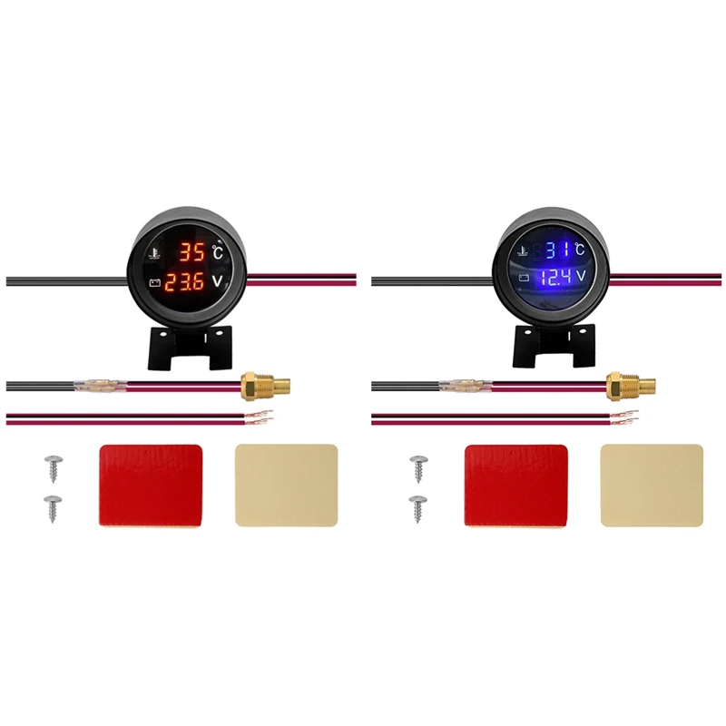 Round Led Digital Car Truck Water Temp Gauge Temperature Sensor Temperatura Moto + Voltmeter Volt Voltage Meter 2 In 1