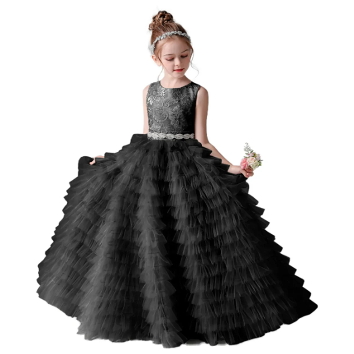 

Fluffy Tulle Long Layered Sleeveless Round Neck Girl Princess Wedding Dinner Party Junior Flower Girl Bridesmaid Dress