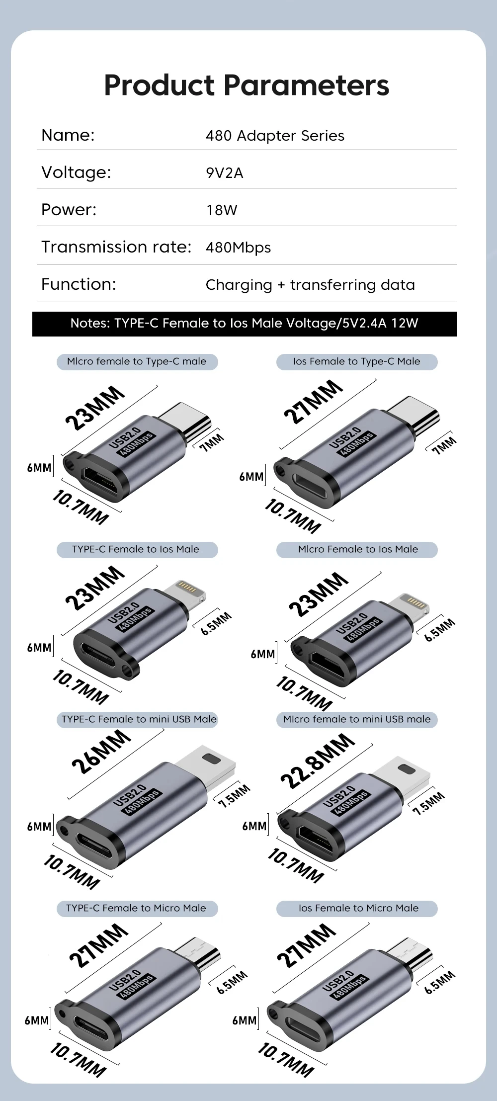 Type C Female to Mini USB Male Adapter Micro USB to USB C Adapter 480Mbps Data Transfer Fast Charging Converter for Phone